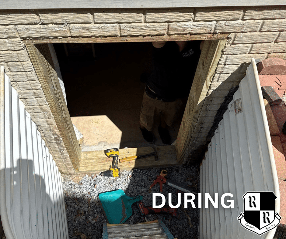 On a red shingled roof, a white vent boot is installed with a hammer, pry bar, and pliers nearby; worker's shoes visible at bottom.