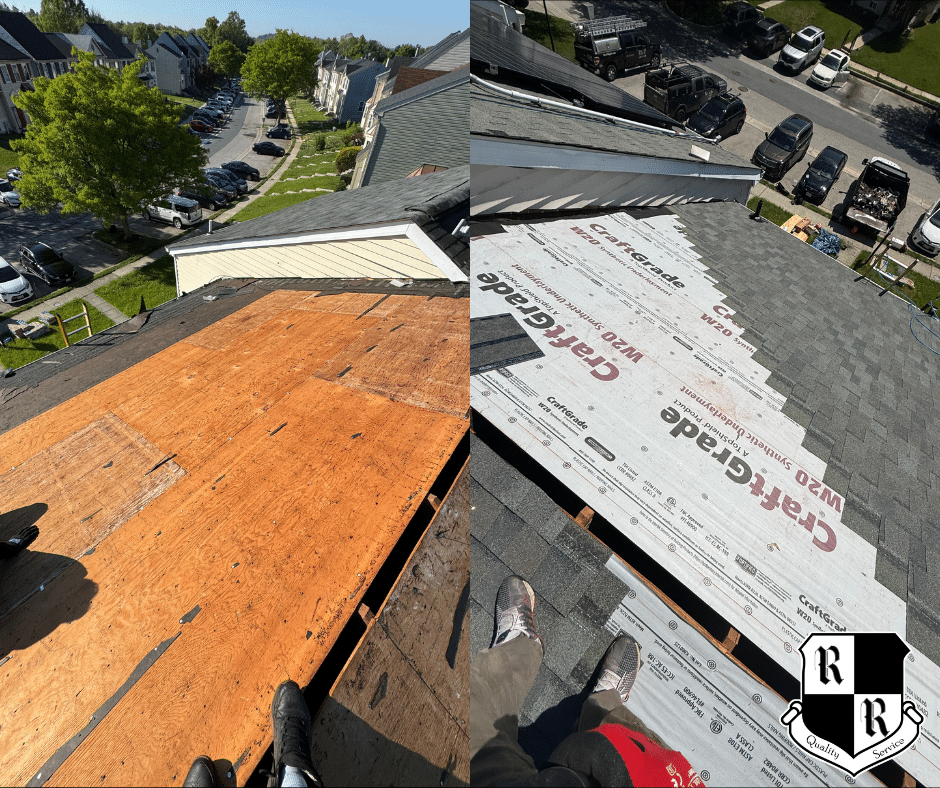 On a red shingled roof, a white vent boot is installed with a hammer, pry bar, and pliers nearby; worker's shoes visible at bottom.