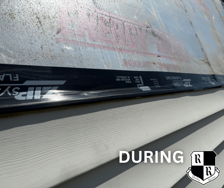 On a red shingled roof, a white vent boot is installed with a hammer, pry bar, and pliers nearby; worker's shoes visible at bottom.