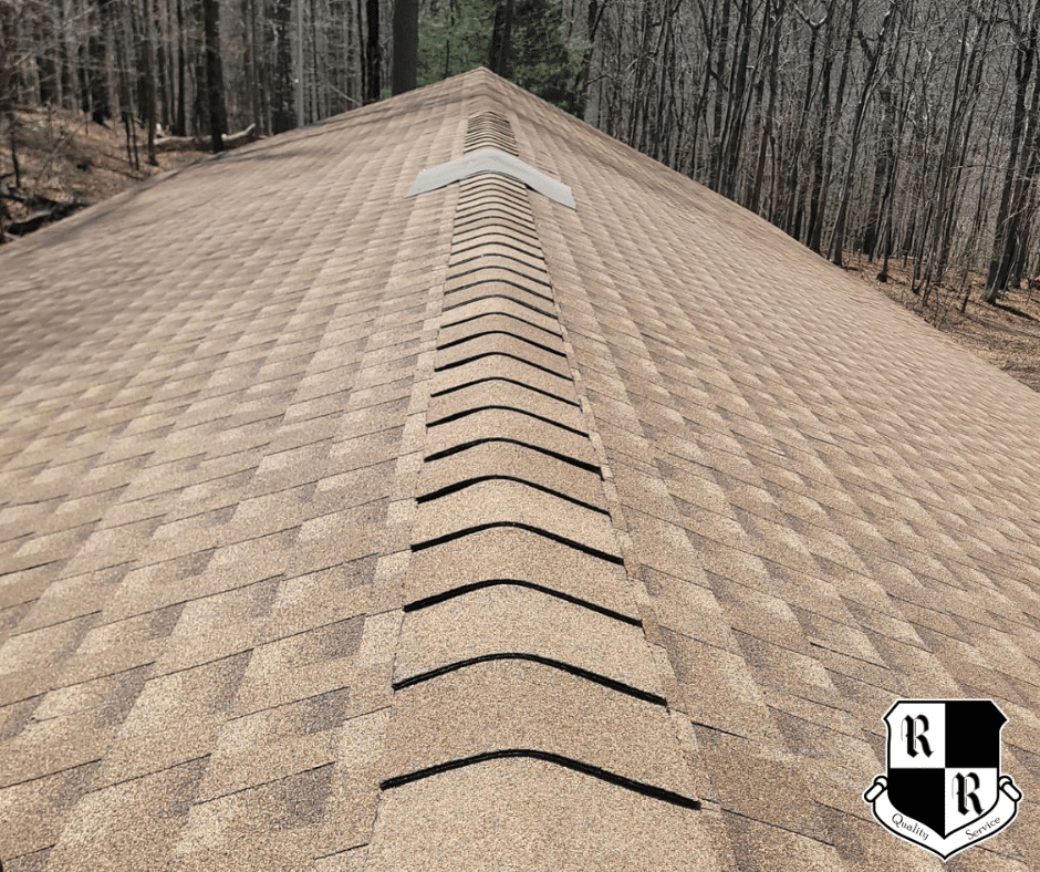 Close-up view of a brown shingle roof with a central ridge vent running along the peak, forest backdrop behind.