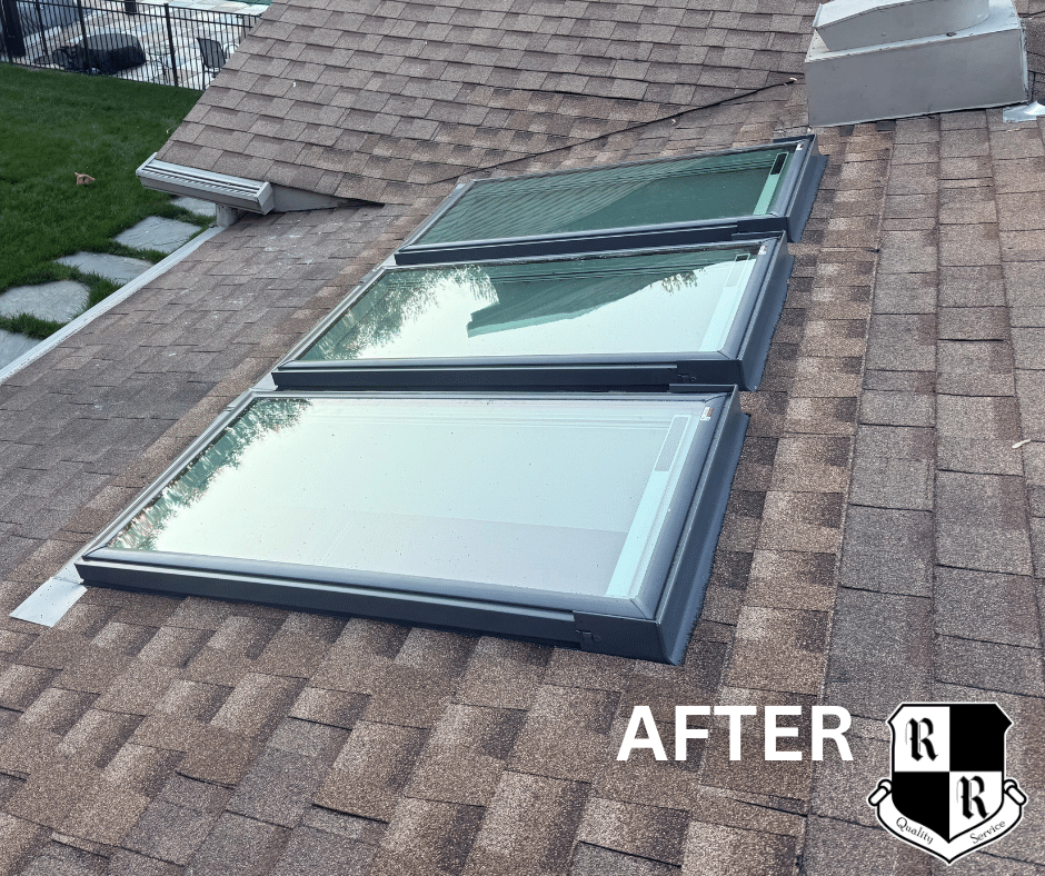 Rooftop with red shingles and a dark repair patch in the center, a wooden square patch nearby, two green vent caps, and a company logo in the bottom-left corner.
