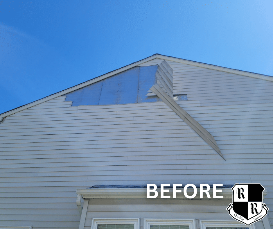 Rooftop with red shingles and a dark repair patch in the center, a wooden square patch nearby, two green vent caps, and a company logo in the bottom-left corner.