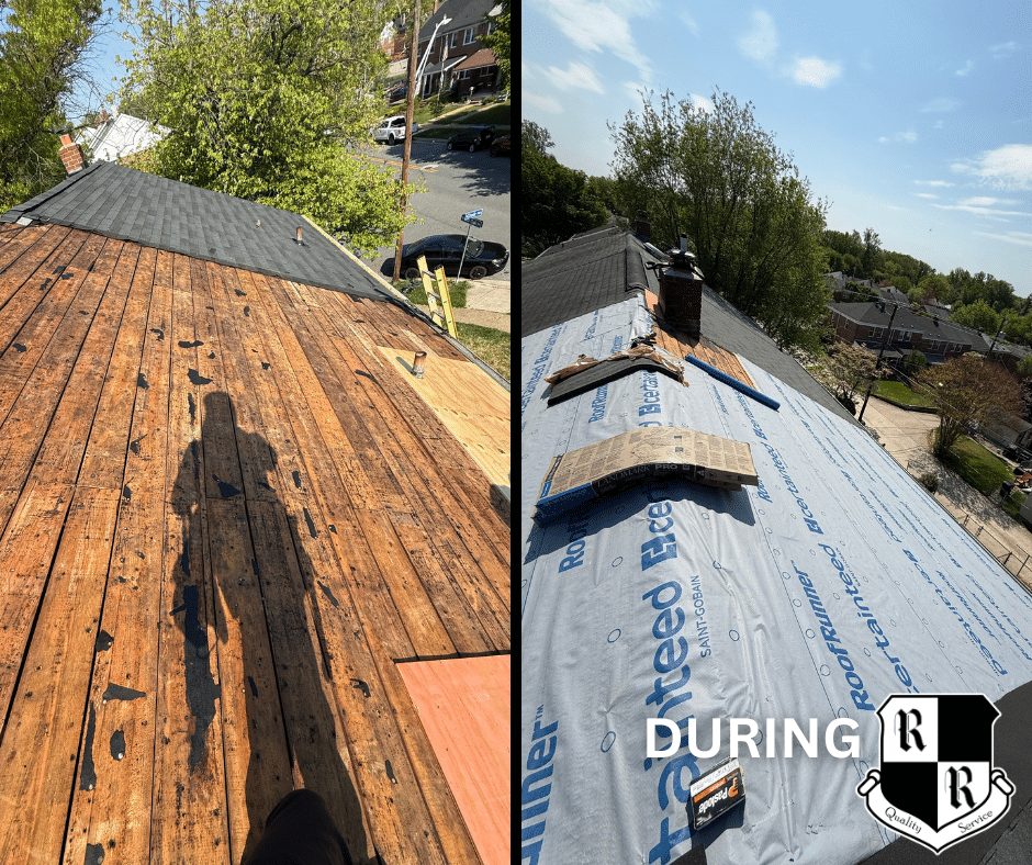 On a red shingled roof, a white vent boot is installed with a hammer, pry bar, and pliers nearby; worker's shoes visible at bottom.