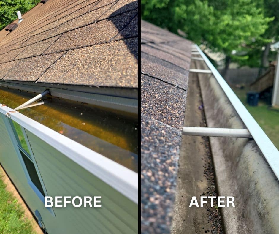 This is a before and after of gutters on a roof replacement project in Baltimore County, using Owens Corning Duration shingles in Brownwood color.