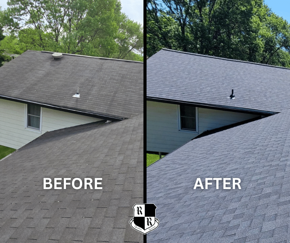 This is a before and after image of a roof replacement in Beltsville Maryland performed by Roof Right