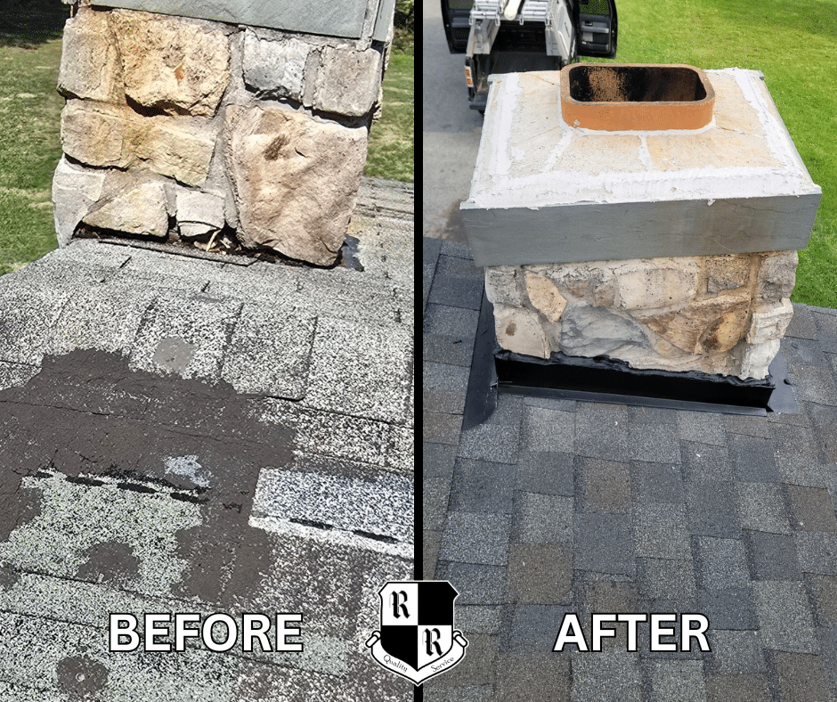 This is a before and after image of a chimney repair and roof replacement in Howard County, Maryland. Performed by Roof Right Inc.