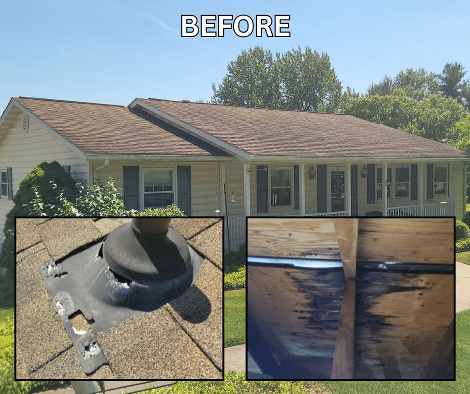 This is a before image of a Roof Right roof replacement in Finksburg, Maryland featuring Tamko Titan shingles in Rustic Cedar.