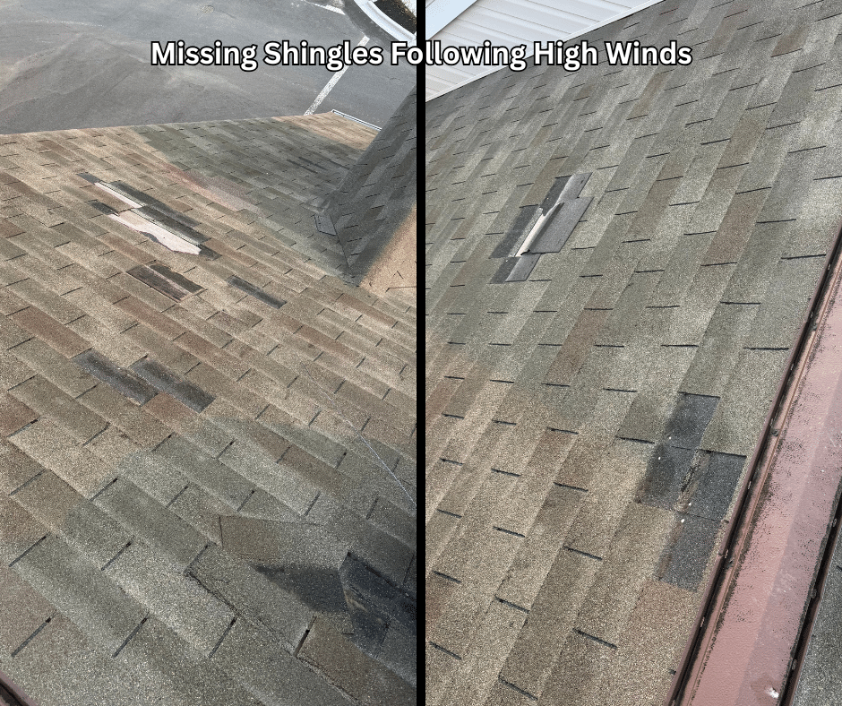 Photos of missing asphalt shingles on a Townhome, after high winds blew them off in a storm. Roof Right performed an emergency roof tarping for this property.