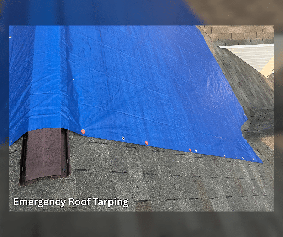 This is an image of an emergency roof tarping by Roof Right, following high winds that blew shingles off of this townhome. Blue tarp on top of asphalt shingles