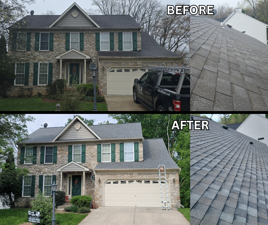 This is a complete Certainteed roof replacement produced by Roof Right in Harford County, using Certainteed Landmark shingles in Georgetown Gray.