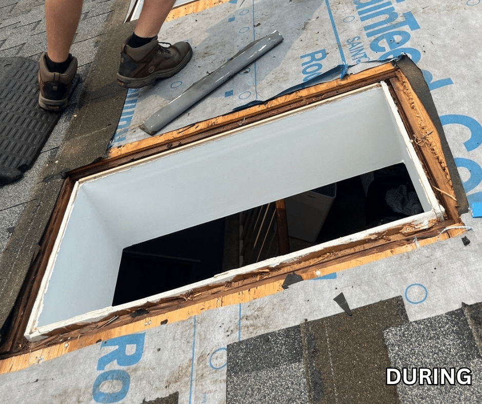 This is an image of a Velux-brand skylight replacement on a 3-story townhouse in Jessup, Maryland. This job was completed, along with a small shingle replacement, by Roof Right Inc.