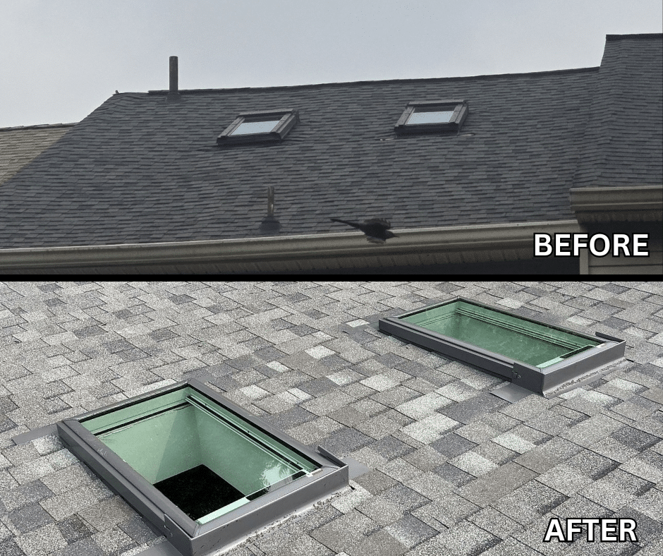 This is an image of a Velux-brand skylight replacement on a 3-story townhouse in Jessup, Maryland. This job was completed, along with a small shingle replacement, by Roof Right Inc.